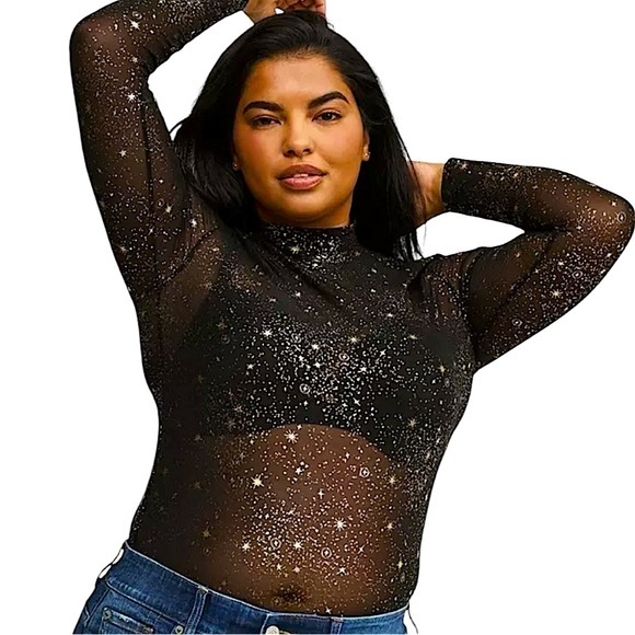 torrid Tops - TORRID Sheer Mesh Mock Neck Long Sleeve‎ Top w/Gold Sparkly Stars NWT